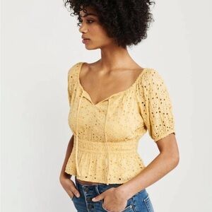 Abercrombie & Fitch eyelet peplum puff sleeve mustard yellow blouse- size XS